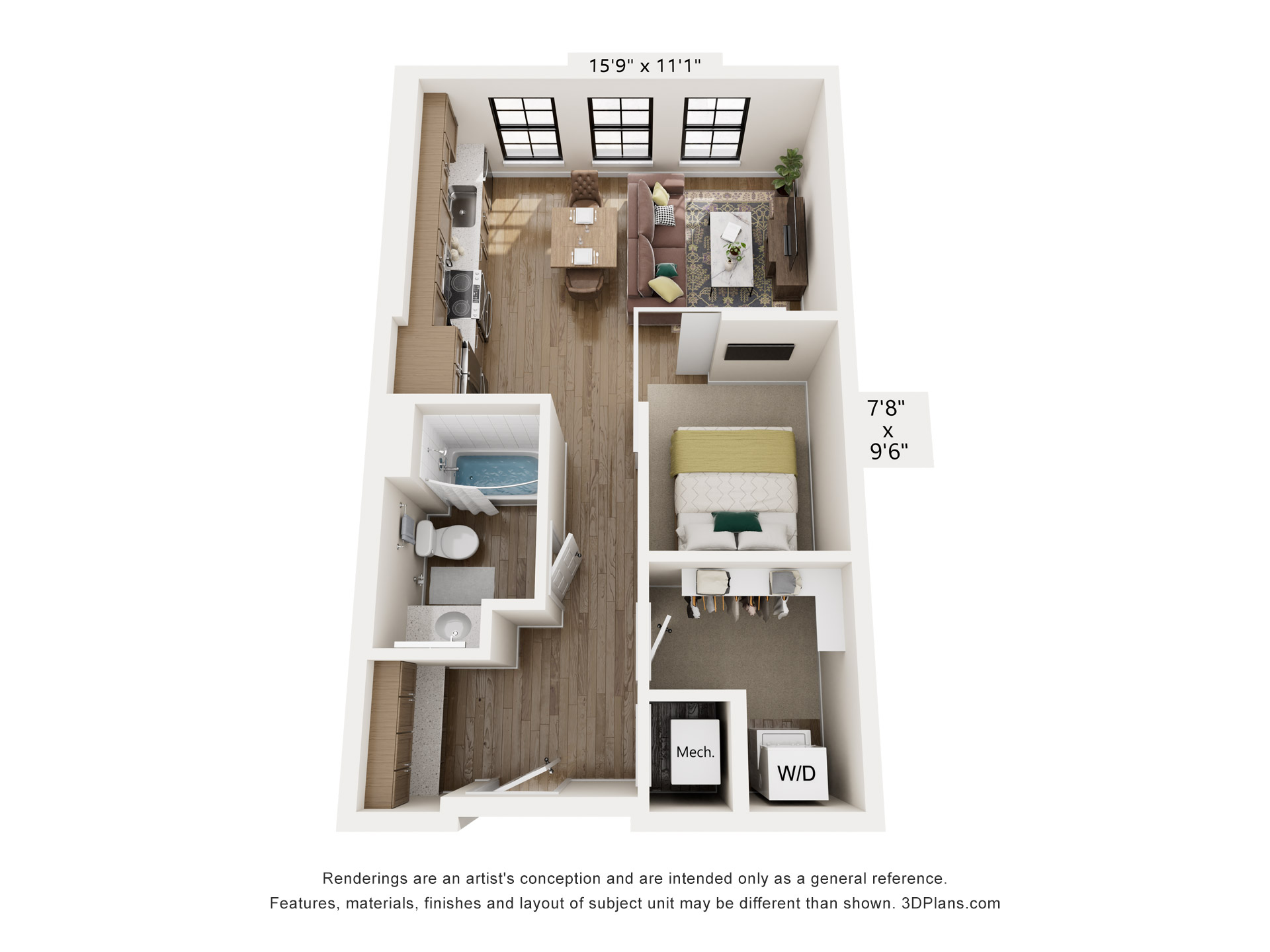 Floor plan for 1 bed, 1 bath, 595 sqft